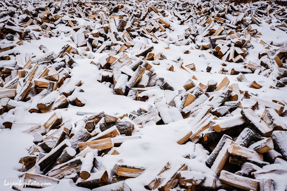 Winter in the wood yard, Chaloux Brothers Firewood, Williamstown, VT.