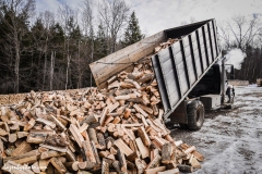 Dumping a load of cord wood to be stacked over the winter, Chaloux Brothers Firewood, Williamstown, VT.