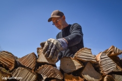 Roger Chaloux stacks wood.