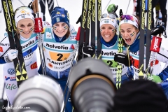Sweden's Stina Nilsson, Ebba Andersson, Charlotte Kalla and Anna Haag faced the cameras after winning the silver medal in the women's relay at the 2017 Nordic World Championships in Lahti.