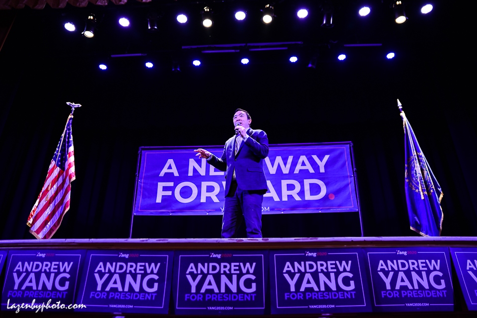 US Presidential candidate Andrew Yang campaigns at the Claremont, NH, Opera House during the 2020 New Hampshire Primary (2/9/2020).