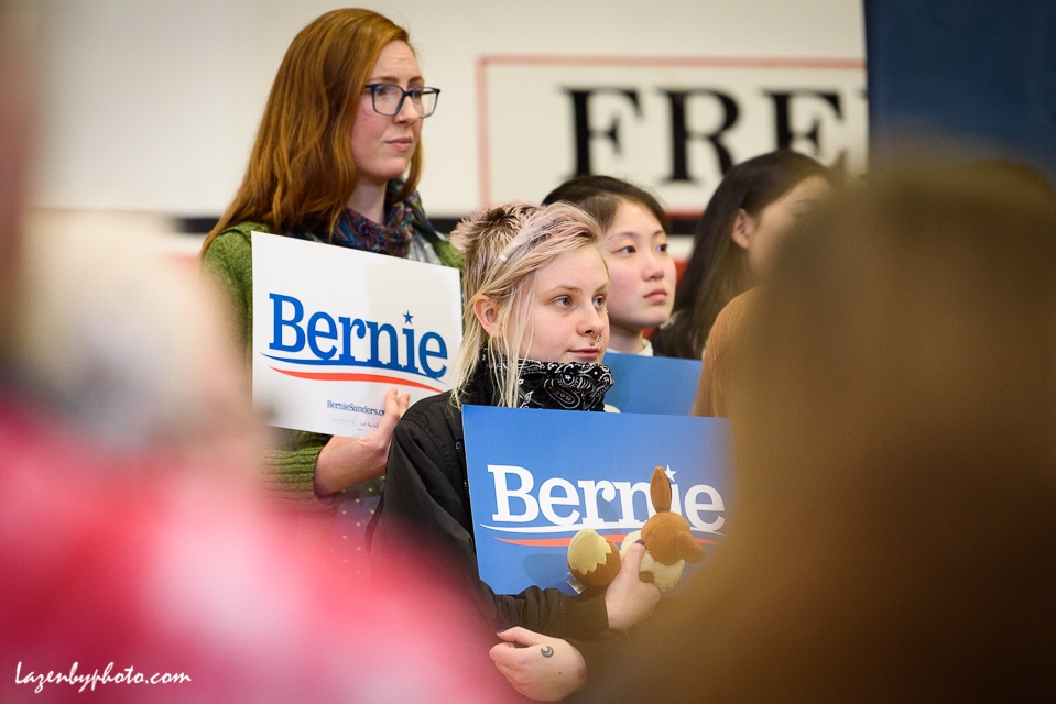 Bernie Sanders supporters, Sanders campaign rally, Claremont, NH, 2020 New Hampshire Primary.