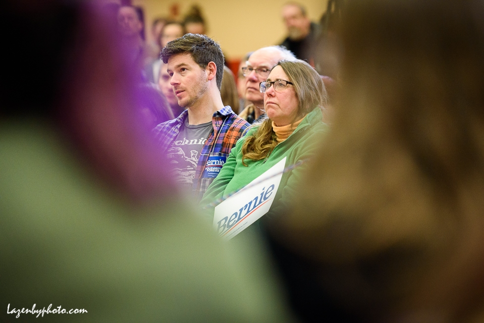 Audience members at Bernie Sanders campaign rally, Claremont, NH, 2020 New Hampshire Primary.