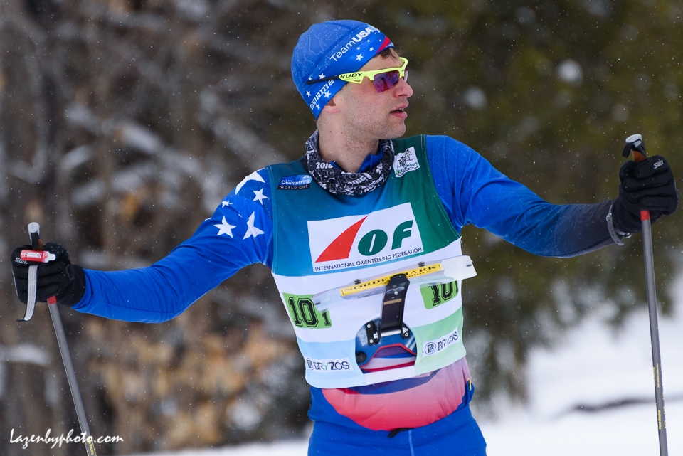 USA's Jimmy Burnham in the exchange zone, mixed relay,  International Orienteering Federation World Cup at Craftsbury Outdoor Center, Craftsbury, VT.