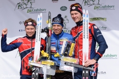 International Orienteering Federation World Cup Sprint podium,  Craftsbury Outdoor Center, Craftsbury, VT. L to R: Audun Heimdal (NOR), 2nd; Andrey Lamov (RUS), 1st; Jorgen Madslien (NOR), 3rd.