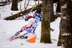 Czech competitor hits a checkpoint and the snow in the middle distance race at the International Orienteering Federation World Cup at Craftsbury Outdoor Center, Craftsbury, VT.