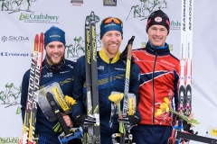 Erik Rost (SWE), center, after winning Ski Orienteering World Cup Middle. Left, 2nd, Linus Rapp (SWE); right, Jorgen Madslien (NOR), 3rd.